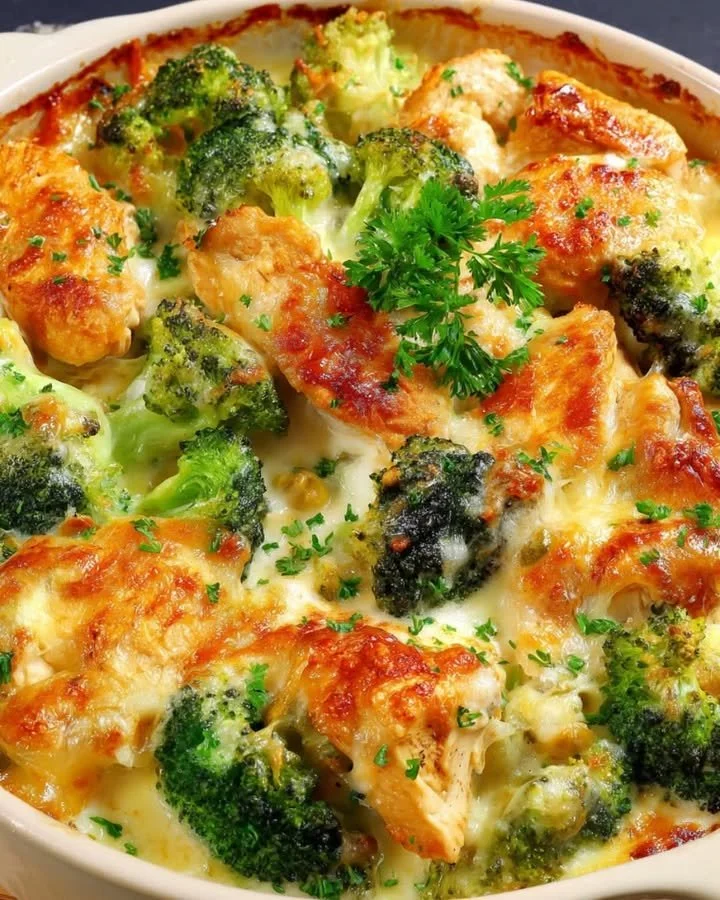 Brokkoli-Hühnchen-Auflauf mit Frischkäse und Mozzarella aus dem Ofen
