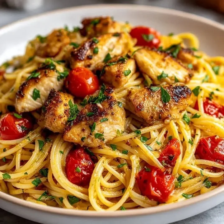 Bruschetta-Hähnchen-Pasta mit frischen Tomaten und Basilikum