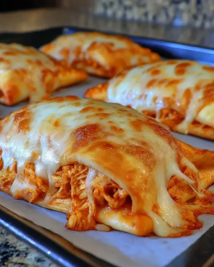 Buffalo Chicken Käse-Taschen serviert auf einem weißen Teller