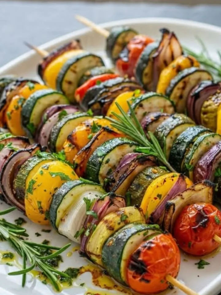 Bunte Kräuter-Gemüsespieße mit frischen Zutaten für Grillabende