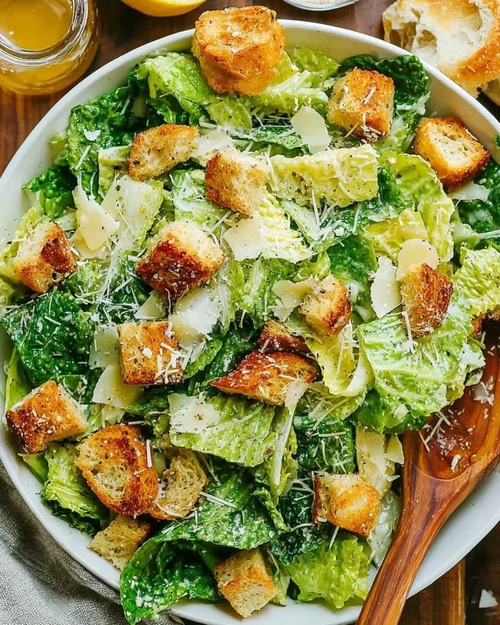 Leckere Caesar Salad mit frischem Gemüse und knusprigen Croutons
