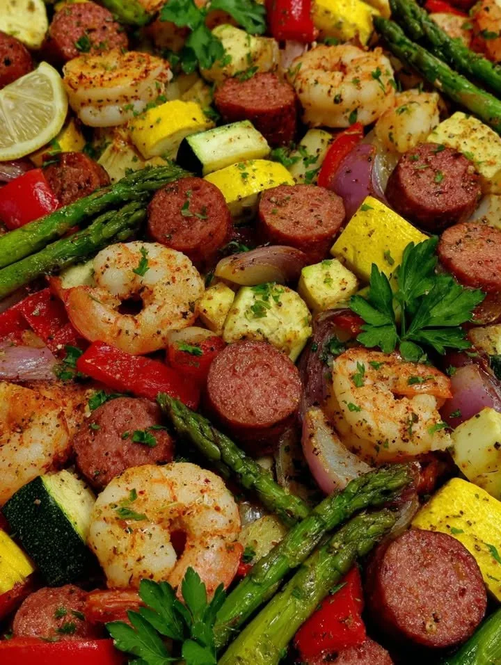 Cajun-Garnelen und Wurstblechgericht auf einem servierfähigen Blech.