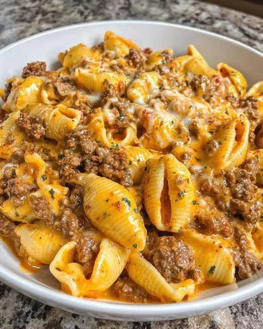 Cajun-Muschelnudeln mit Rinderhack und Velveeta-Käsesauce auf einem Teller