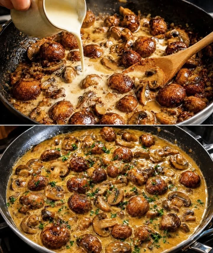 Champignons in Knoblauch-Parmesansoße auf einem Teller serviert