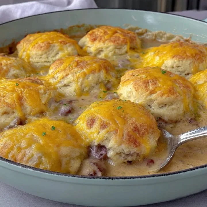 Leckerer Cheddar Bay Hamburger Auflauf mit Käse und Gewürzen serviert