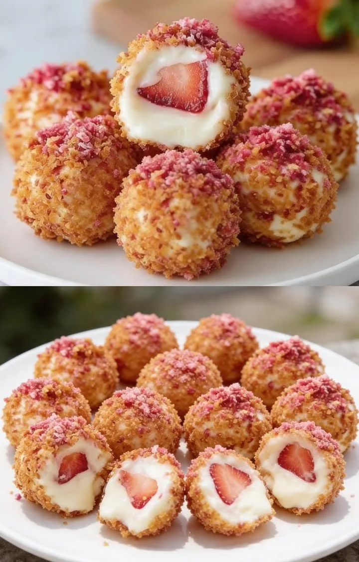Cheesecake-Kugeln mit Erdbeerkern auf einem Teller