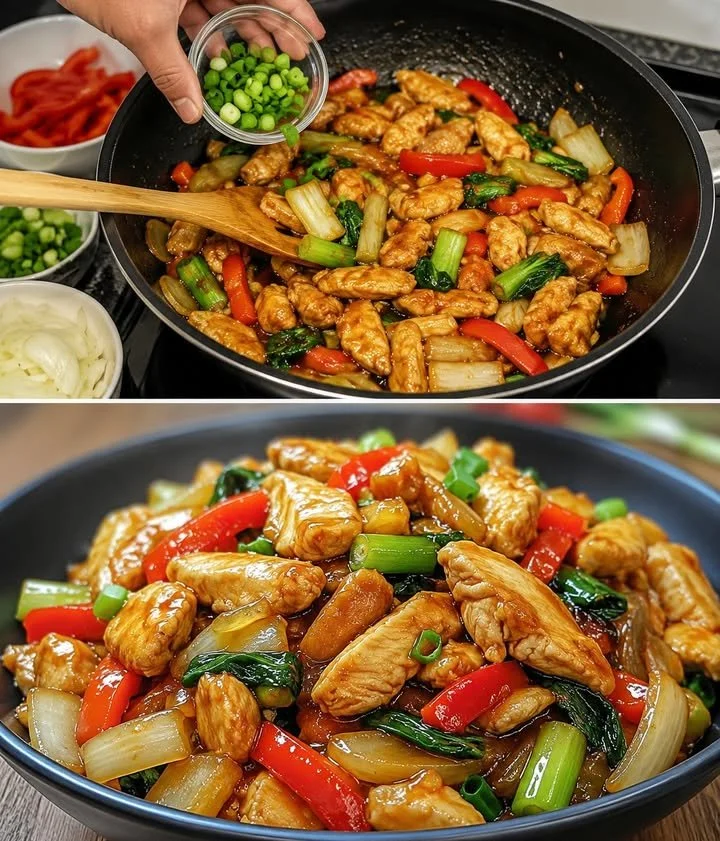 Chinesische Hähnchen Gemüsepanne in der Pfanne zubereitet mit buntem Gemüse
