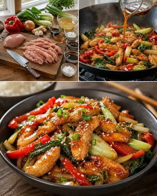 Chinesische Hähnchen-Gemüsepfanne mit buntem Gemüse und zartem Hähnchenfleisch