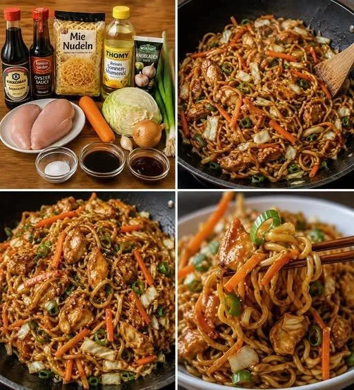 Chinesisches Hähnchen mit Nudeln auf einem Teller serviert