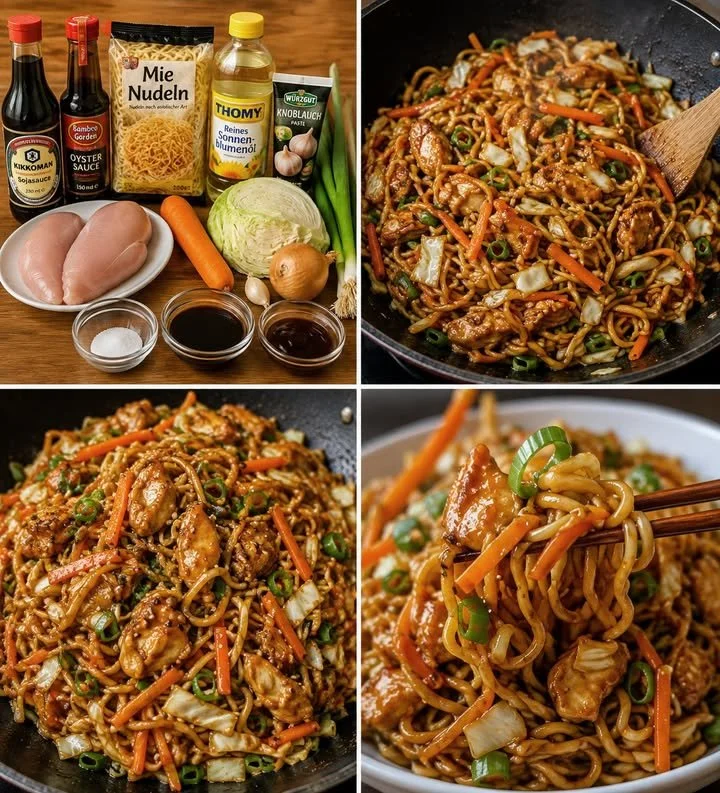 Schüssel mit Chinesischem Hähnchen-Nudeln, frisch zubereitet und serviert.