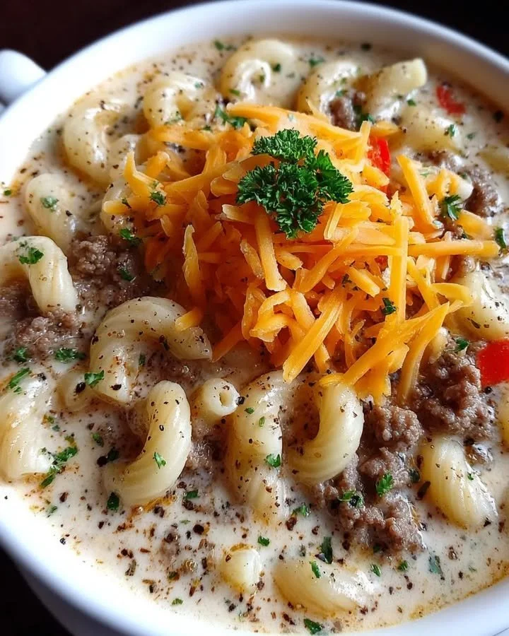 Cremige Cheeseburger-Makaroni-Suppe in einer Schüssel mit frischen Kräutern garniert