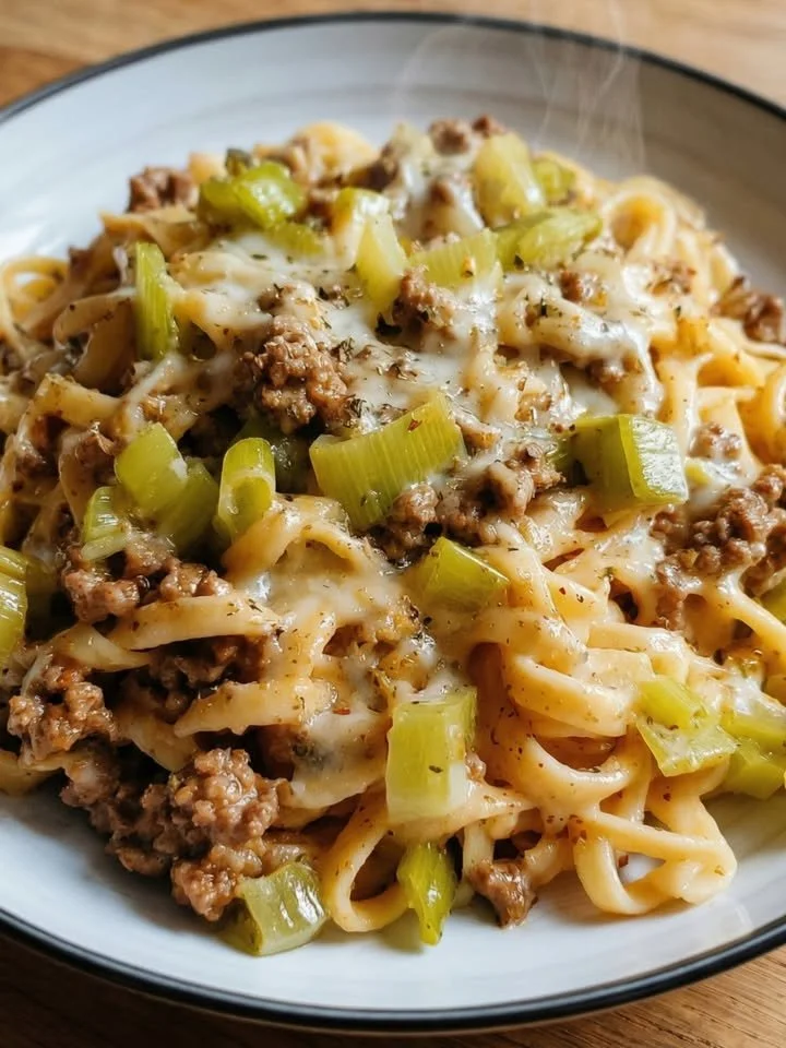 Cremige Käse-Lauch-Pasta mit Hackfleisch auf einem Teller serviert