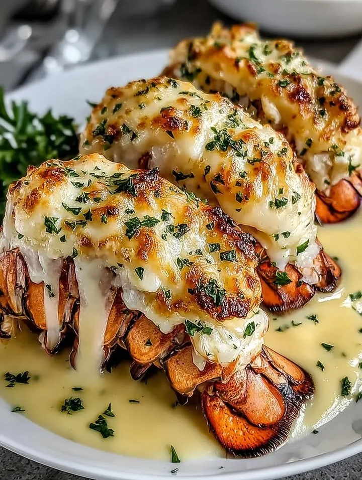 Cremige Knoblauch-Hummerschwänze in einer Pfanne zubereitet