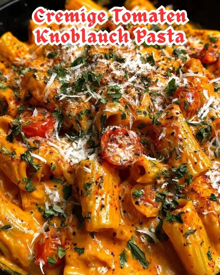 Cremige Tomaten Knoblauch Pasta mit frischen Zutaten serviert