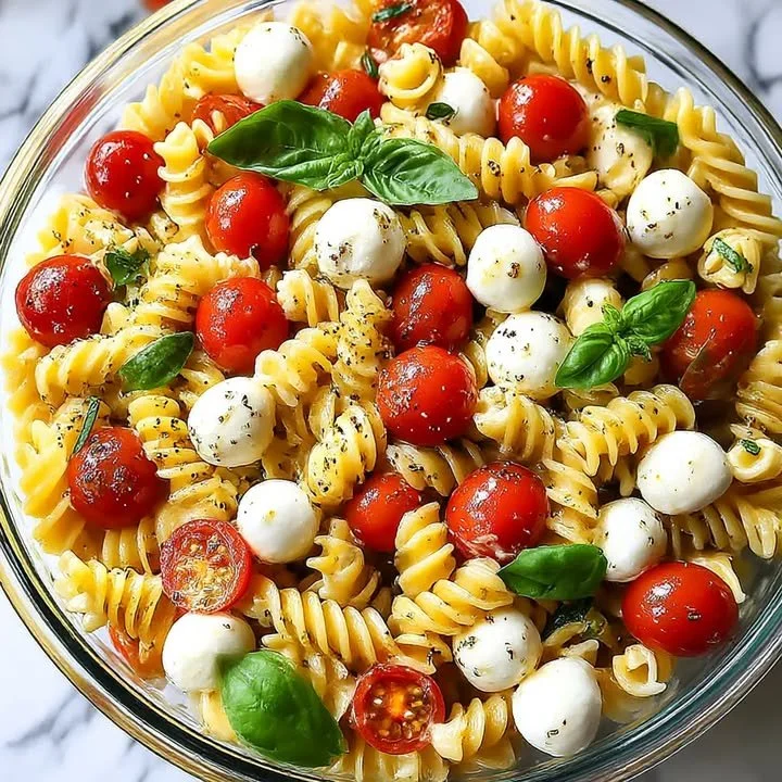 Cremiger Caprese-Pasta-Salat mit frischen Tomaten und Basilikum