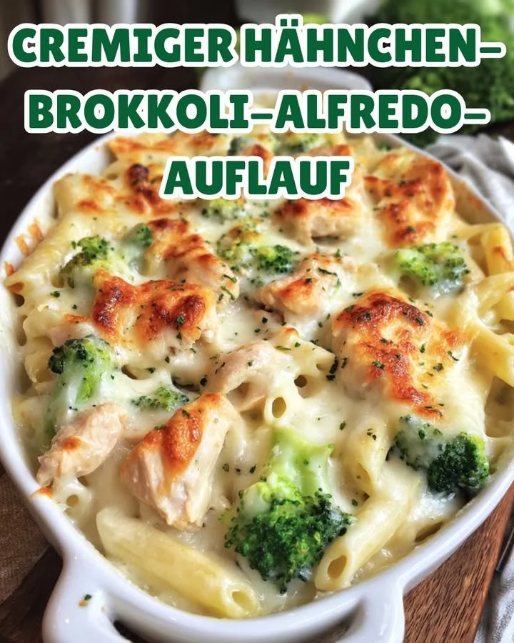 Cremiger Hähnchen-Brokkoli-Alfredo-Auflauf frisch aus dem Ofen