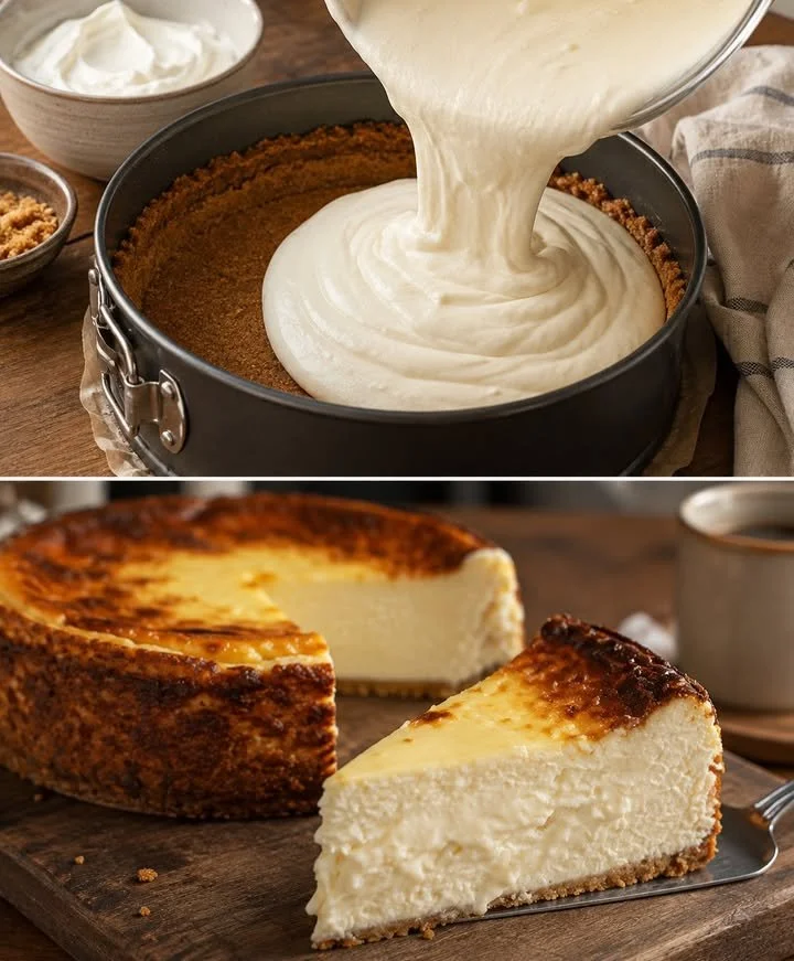 Cremiger Käsekuchen mit Sahne und Pudding auf einem Teller