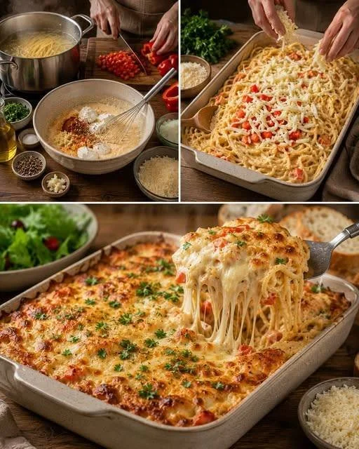 Cremiger Spaghetti-Auflauf mit Käse und Paprika auf einem Teller serviert