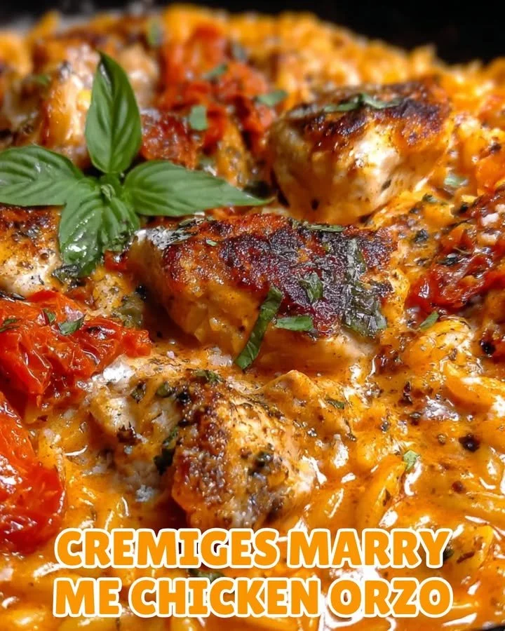 Cremiges Heirate Mich Hähnchen-Orzo mit Paprika und Tomate auf einem Teller
