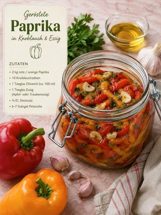 Eingelegte geröstete Paprika mit Knoblauch in einem Glas
