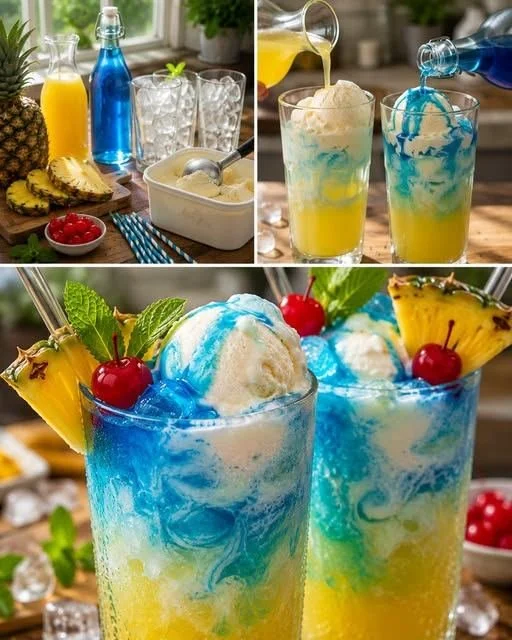 Eiskönigin-Cocktail (alkoholfrei) in einem glitzernden Glas mit Eiswürfeln und Früchten.