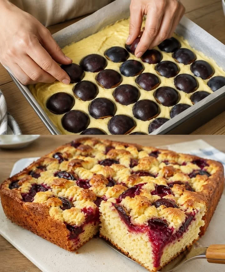 Französischer Pflaumenkuchen mit frischen Pflaumen auf einem Teller