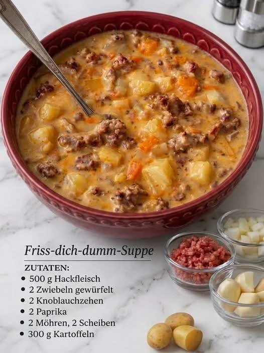 Schüssel mit Friss-dich-dumm-Suppe, herzhaft und cremig angerichtet