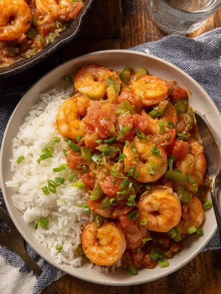 Garnelen-Étouffée in einer Pfanne, serviert mit Beilagen.