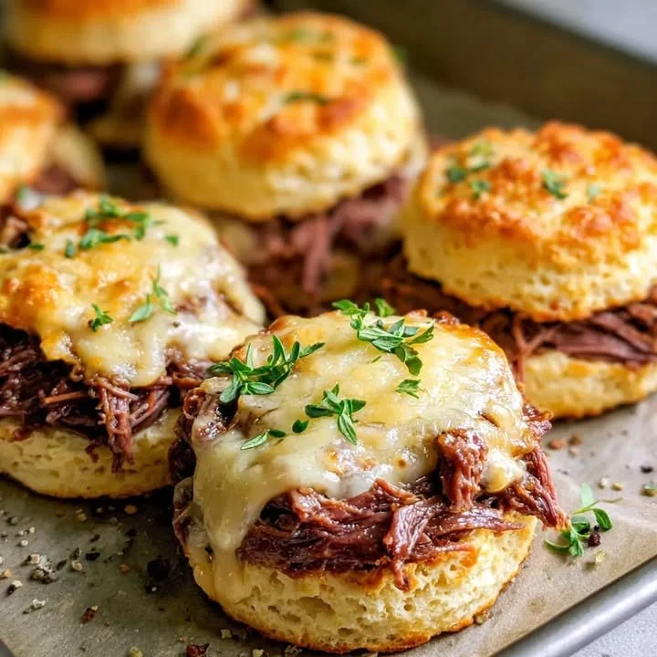 Gefüllte French Dip Brötchen mit zartem Fleisch und aromatischer Brühe