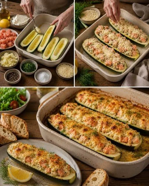 Gefüllte Zucchini-Schiffe mit Lachs auf einem Teller angerichtet