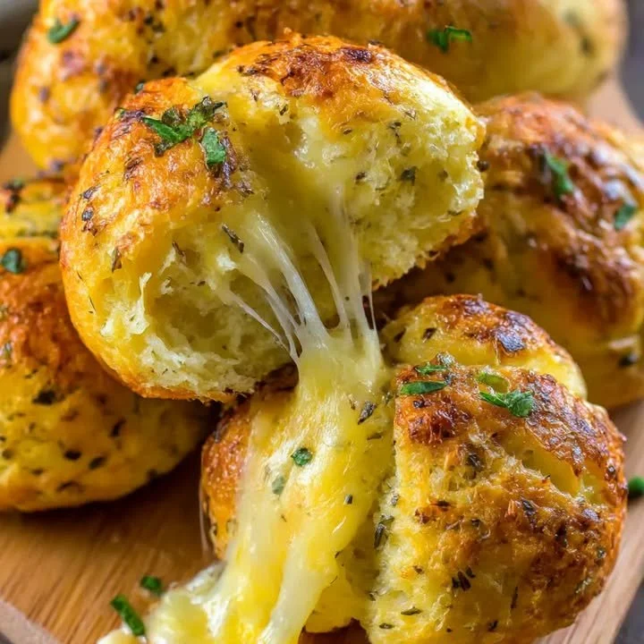 Gefülltes Käsebrot mit Knoblauchbutter auf einem Holzbrett