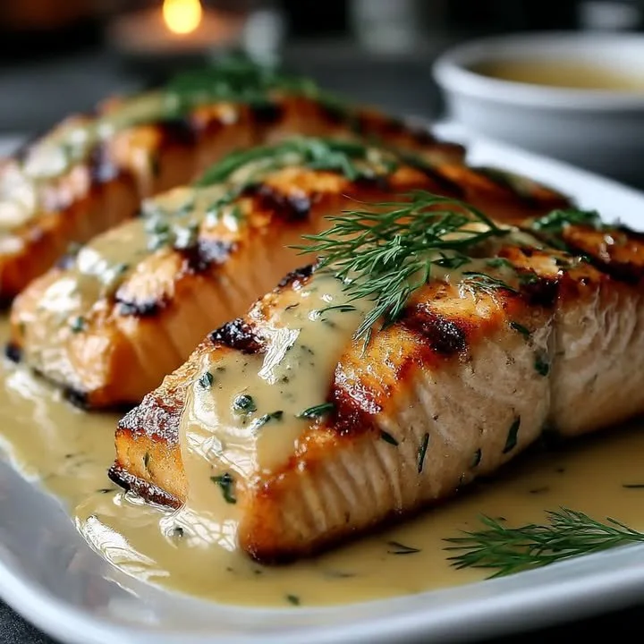 Gegrillter Lachs mit Dijon-Senf-Sauce auf dem Grill serviert