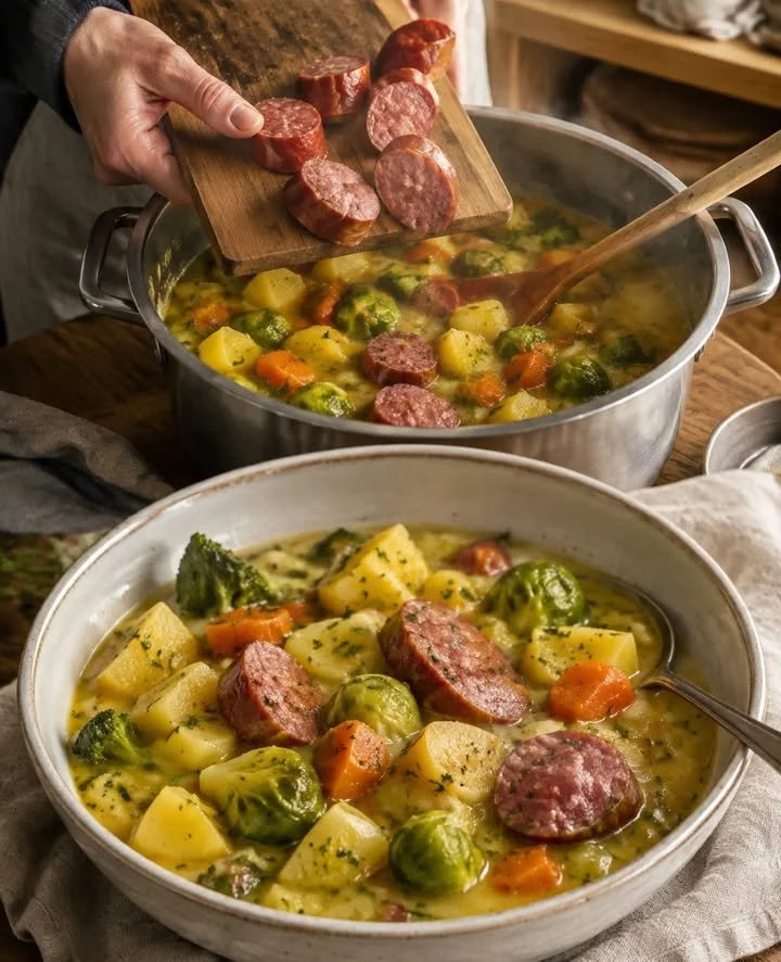 Eine Schüssel Gemüse-Eintopf mit Mettwurst, warm serviert.