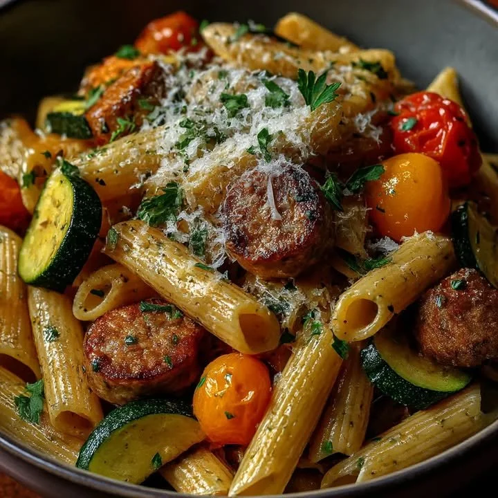 Gemütliche Hähnchenwurst-Pasta mit frischen Zutaten und würziger Soße.