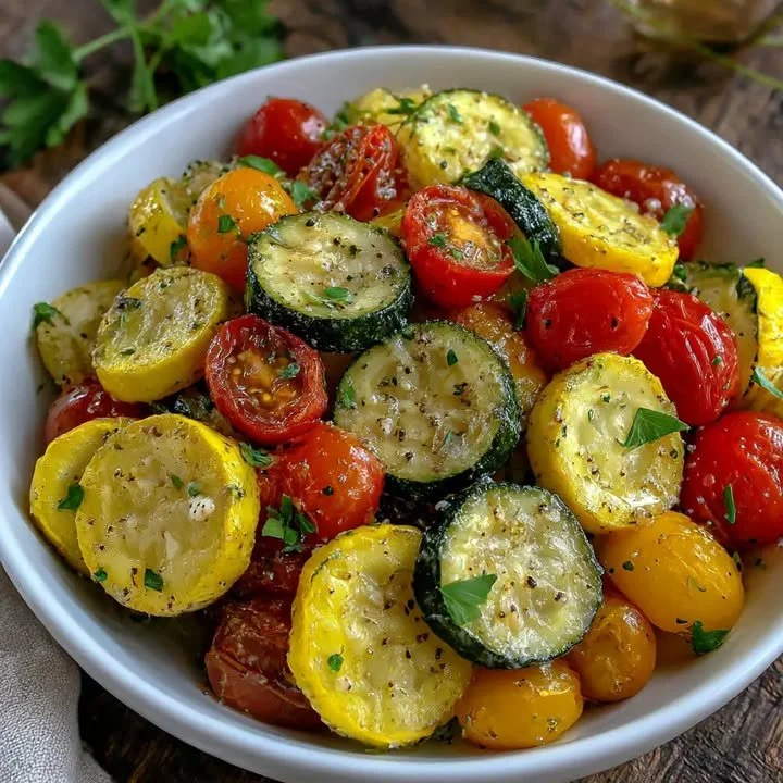Geröstete Zucchini mit Knoblauch und Parmesan auf einem Teller