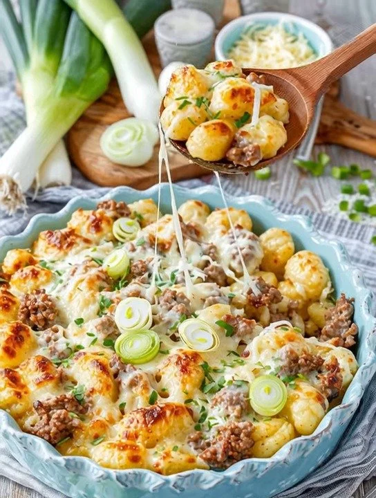 Gnocchi Casserole mit Hackfleisch und Lauch auf einem Teller angerichtet