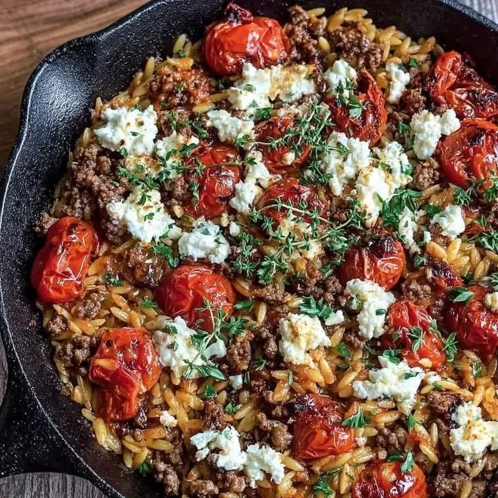 Griechische Hackfleischpfanne mit Kritharaki, serviert in einer Pfanne.
