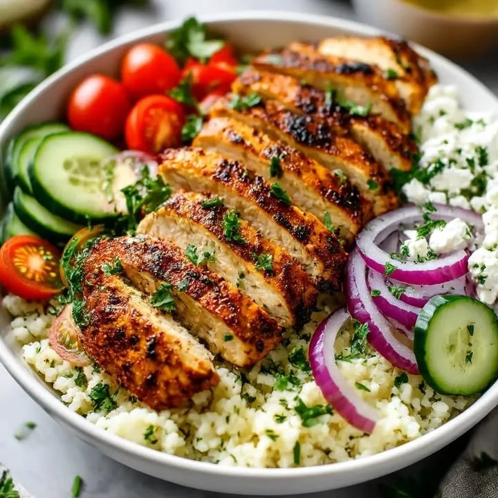 Leckere griechische Hühnchen-Schalen mit frisch zubereiteten Zutaten