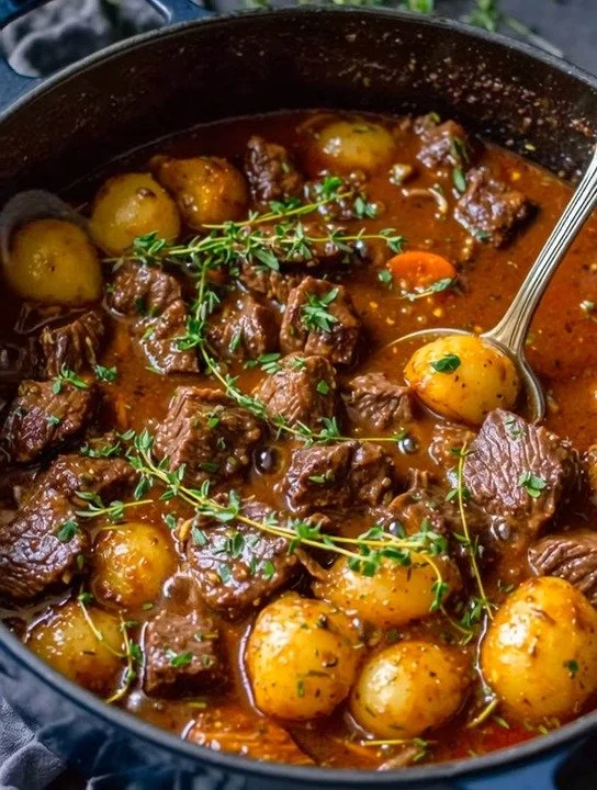 Griechisches Rinder-Stifado mit Rindfleisch und Gewürzen serviert in einer Schale.