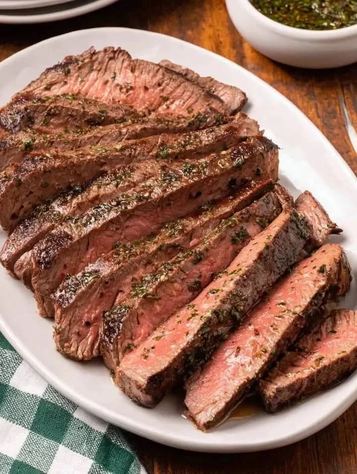 Griechisches Steak mit Kräutern und Zwiebeln auf dem Grill zubereitet