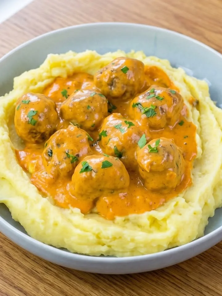 Hackbällchen in cremiger Sauce mit Kartoffelpüree auf einem Teller