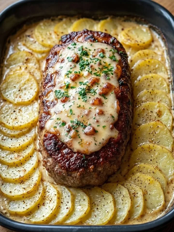 Köstlicher Hackbraten mit Kartoffeln in cremiger Sahnesauce serviert
