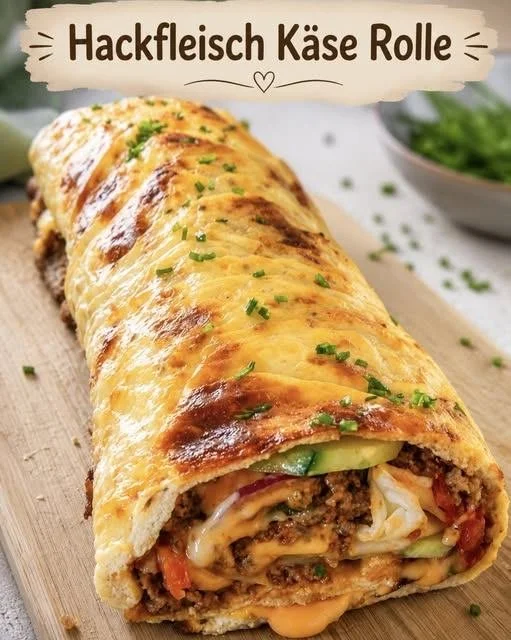 Leckere Hackfleisch Käse Rolle frisch aus dem Ofen serviert.