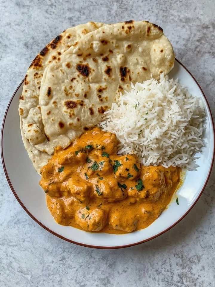 Hähnchen in cremiger Tomatensauce auf einem Teller serviert