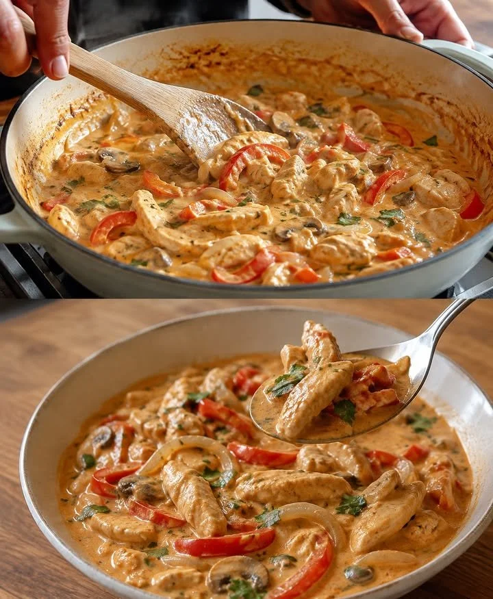 Hähnchen-Stroganoff mit zartem Hähnchen und cremiger Sauce serviert auf einem Teller.