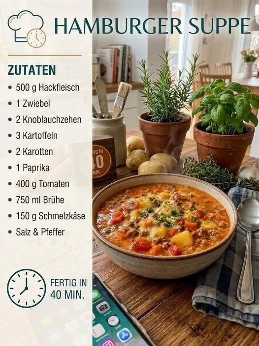 Schüssel mit leckerer Hamburger Suppe, voll von frischen Zutaten und Gewürzen.