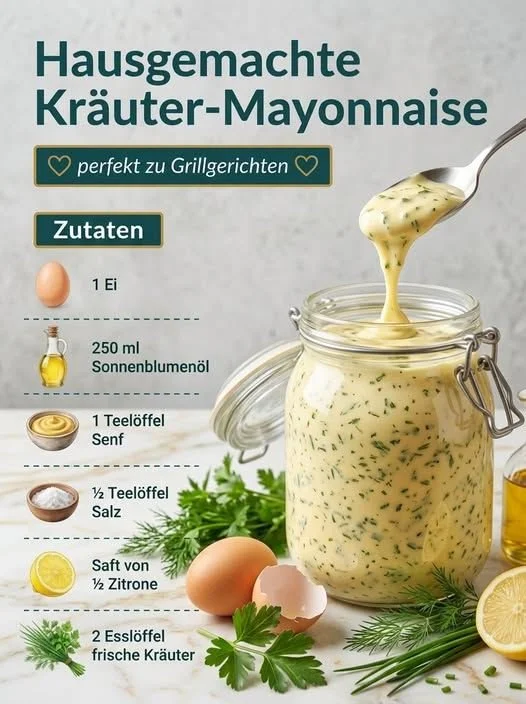 Hausgemachte Kräuter-Mayonnaise in einer Schale mit frischen Kräutern