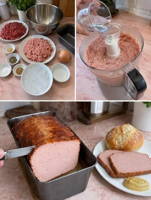 Hausgemachter Leberkäse aus dem Backofen frisch gebacken und servierfertig.