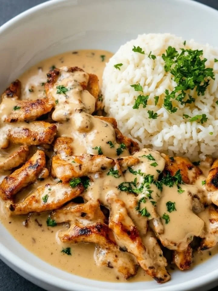 Hausgemachtes Hähnchen-Gyros serviert mit frischen Beilagen auf einem Teller.