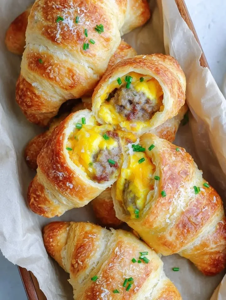 Herzhafte Frühstücks-Croissants gefüllt mit Wurst, Ei und Käse